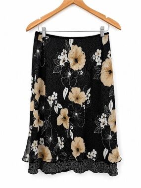 Tailor Black Floral Midi Skirt Mesh Overlay Polka Dot Semi Sheer Size Medium Y2K